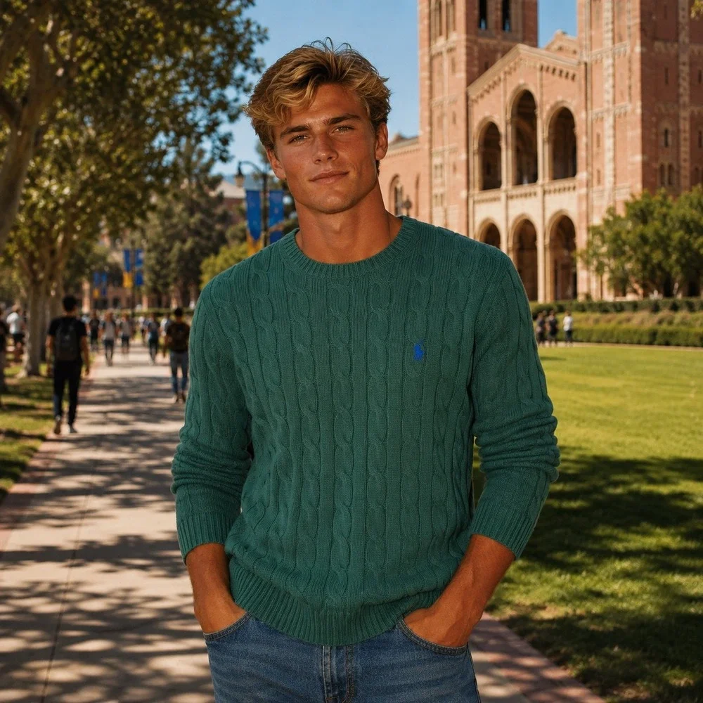 Abercrombie & Fitch Men's Green Cable Knit Merino Wool Blend Sweater Size Medium